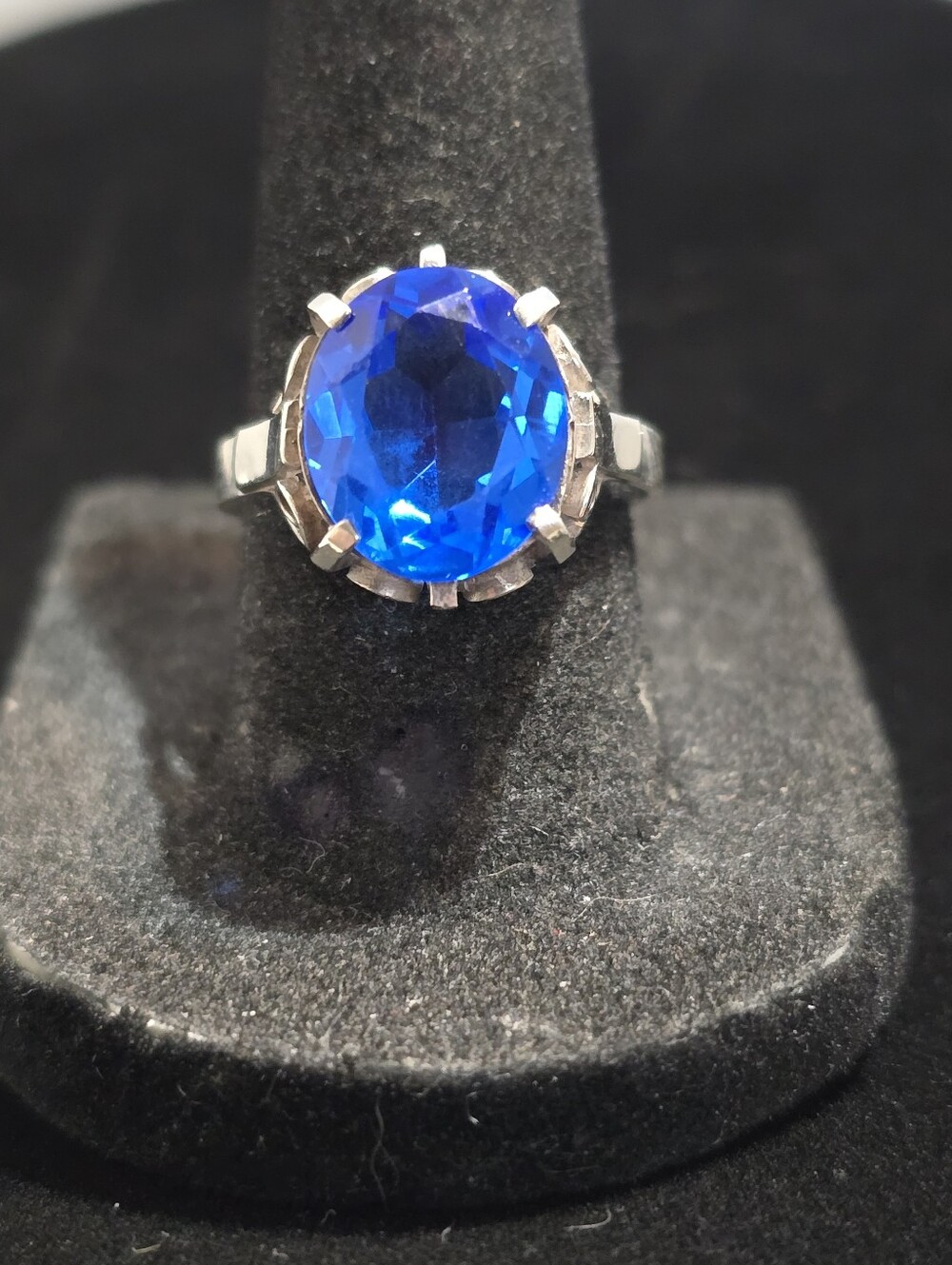Vtg 900 Silver/Large Blue Sapphire Ornate Filigree Scroll Work Ring Size 7.75